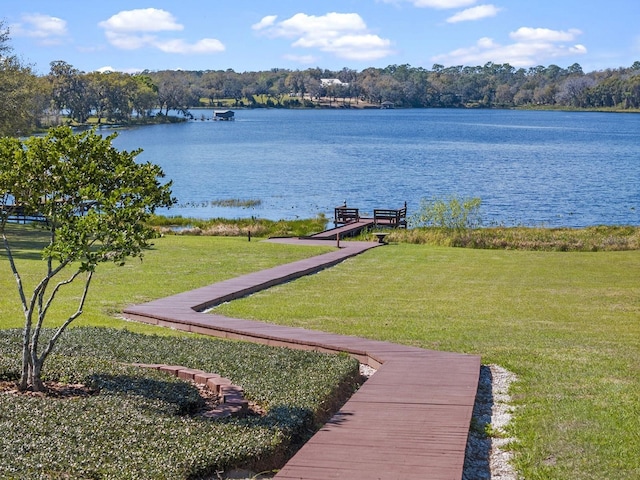 exterior space with a dock and a water view