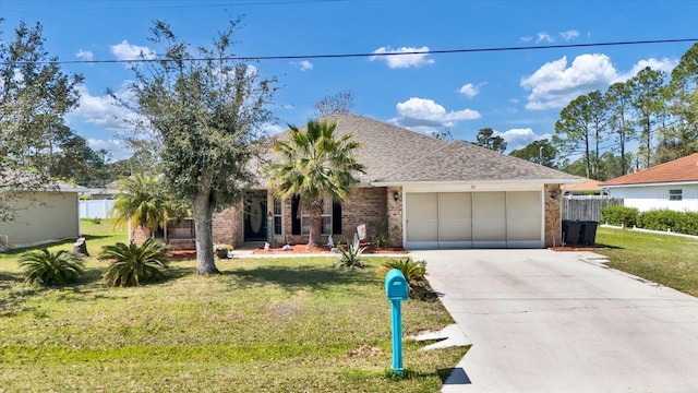 single story home with a garage, driveway, brick siding, and a front yard