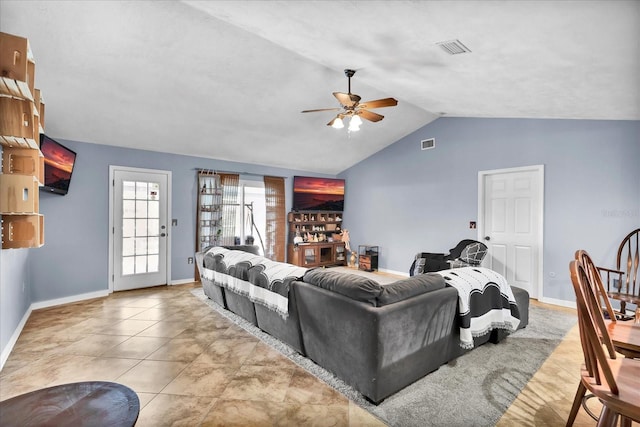 living room featuring vaulted ceiling, a ceiling fan, visible vents, and baseboards