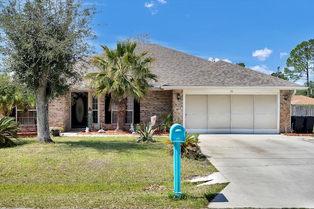 ranch-style house with a front lawn, concrete driveway, a shingled roof, a garage, and brick siding