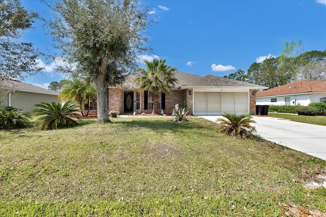 view of front of home featuring concrete driveway, a garage, brick siding, and a front lawn