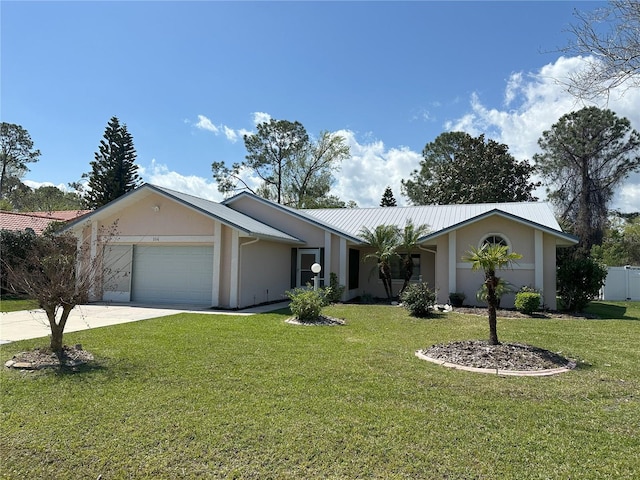 ranch-style house featuring a front yard, an attached garage, driveway, and stucco siding