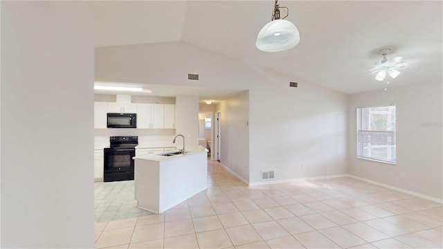 kitchen featuring a ceiling fan, visible vents, a sink, black appliances, and vaulted ceiling