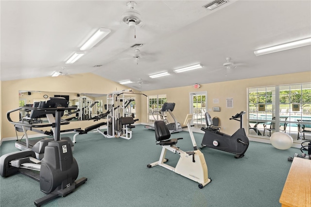 workout area featuring vaulted ceiling, baseboards, a ceiling fan, and visible vents