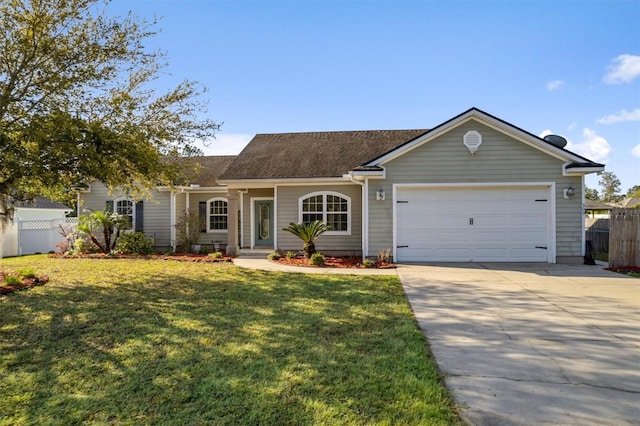 309 Crystal Lake Dr, Saint Augustine, FL 32084 - ranch-style house with a front yard, an attached garage, fence, and driveway