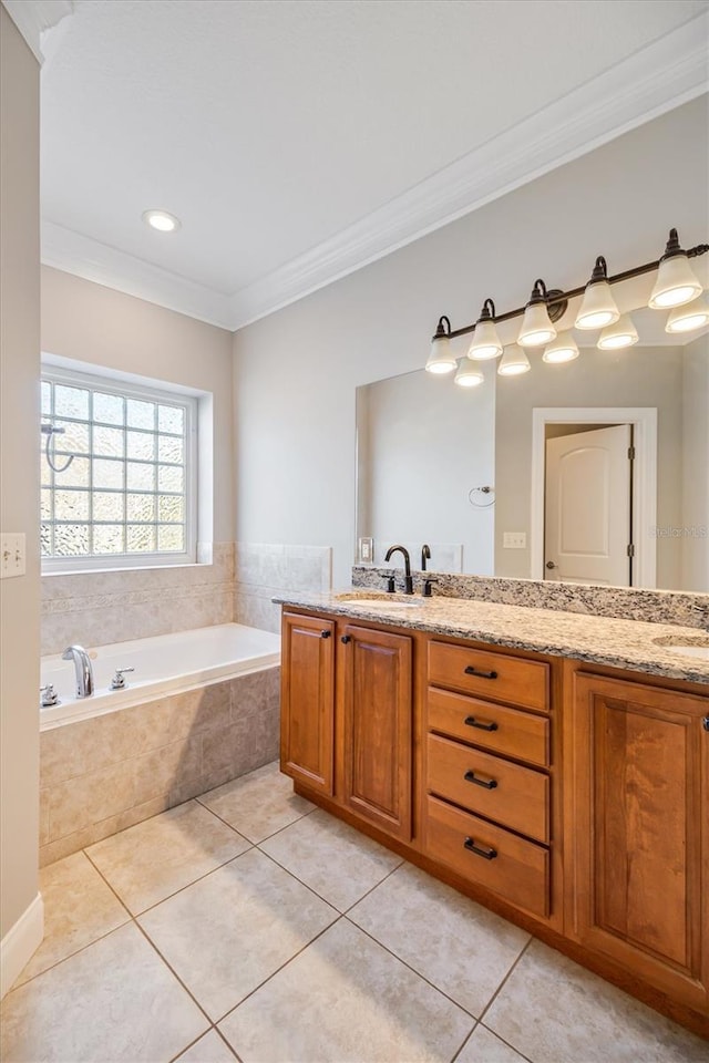309 Crystal Lake Dr, Saint Augustine, FL 32084 - bathroom with a sink, double vanity, crown molding, and tile patterned floors