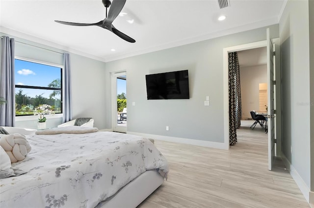 96 Del Palma Dr, Palm Coast, FL 32137 - bedroom with light wood-type flooring, recessed lighting, baseboards, ceiling fan, and ornamental molding