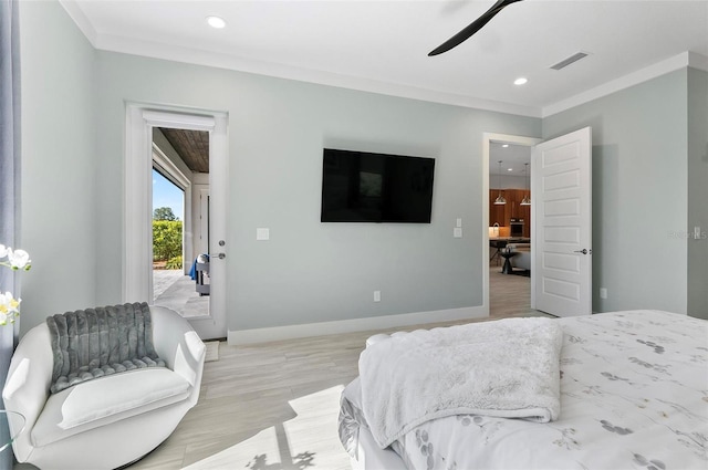96 Del Palma Dr, Palm Coast, FL 32137 - bedroom with light wood-style flooring, visible vents, baseboards, ornamental molding, and access to exterior