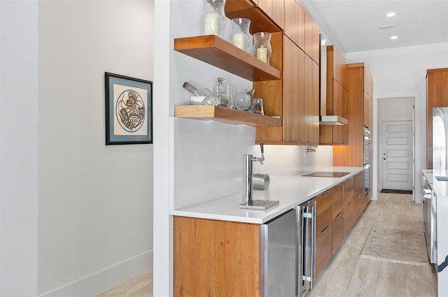 96 Del Palma Dr, Palm Coast, FL 32137 - kitchen with light countertops, open shelves, modern cabinets, black electric stovetop, and brown cabinetry