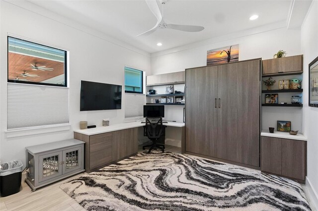 96 Del Palma Dr, Palm Coast, FL 32137 - office with built in desk, light wood-type flooring, recessed lighting, and a ceiling fan