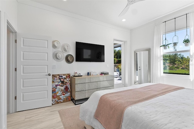 96 Del Palma Dr, Palm Coast, FL 32137 - bedroom featuring light wood-style flooring, recessed lighting, access to outside, and ceiling fan