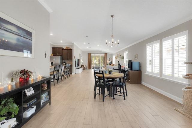 49 Narvarez Ave, Saint Augustine, FL 32084 - dining room featuring a chandelier, ornamental molding, baseboards, light wood-style floors, and recessed lighting