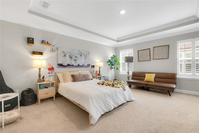 49 Narvarez Ave, Saint Augustine, FL 32084 - carpeted bedroom featuring a raised ceiling, ornamental molding, baseboards, and recessed lighting