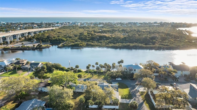 aerial view featuring a water view