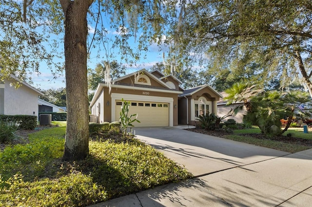 3220 Galty Cir, Ormond Beach, FL 32174 - view of front facade featuring stucco siding, a garage, central AC, and concrete driveway