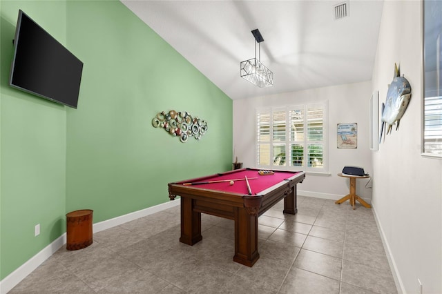 1316 Harwick Ln, Ormond Beach, FL 32174 - game room featuring lofted ceiling, pool table, baseboards, and tile patterned flooring
