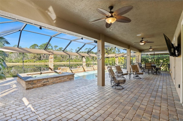 1316 Harwick Ln, Ormond Beach, FL 32174 - view of patio with outdoor dining area, ceiling fan, an outdoor pool, a lanai, and an in-ground hot tub