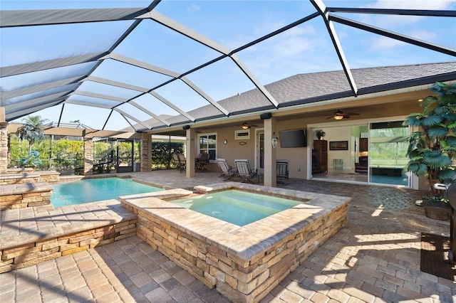 1316 Harwick Ln, Ormond Beach, FL 32174 - view of swimming pool featuring ceiling fan, a patio area, a lanai, and a pool with connected hot tub