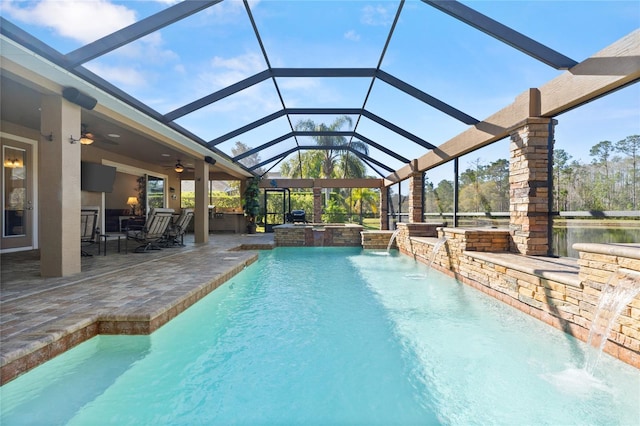 1316 Harwick Ln, Ormond Beach, FL 32174 - view of pool with a ceiling fan, a patio, a lanai, and a pool with connected hot tub