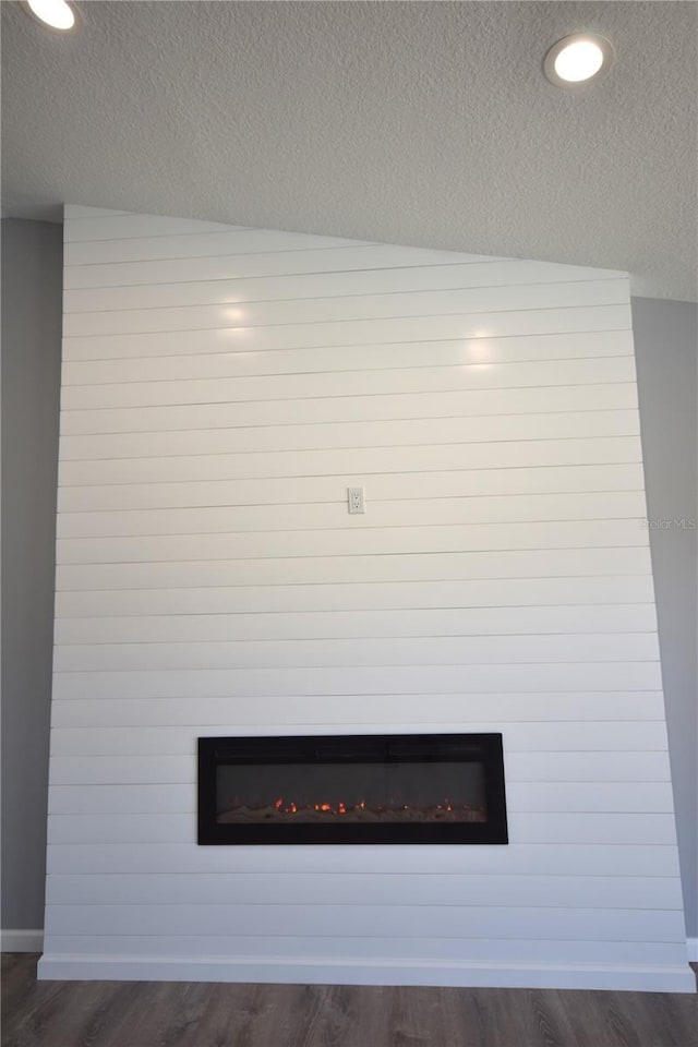 11 Cheyenne Ct, Palm Coast, FL 32137 - detailed view of a large fireplace, a textured ceiling, wood finished floors, recessed lighting, and baseboards