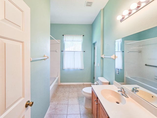 full bath with vanity, toilet, visible vents, bathtub / shower combination, and tile patterned flooring