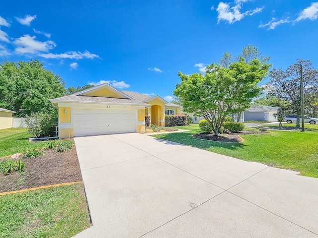 ranch-style house featuring driveway, a front lawn, stucco siding, and an attached garage