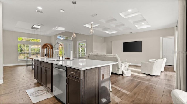 29 Old Oak Dr S, Palm Coast, FL 32137 - kitchen featuring open floor plan, coffered ceiling, stainless steel dishwasher, a sink, and dark brown cabinets