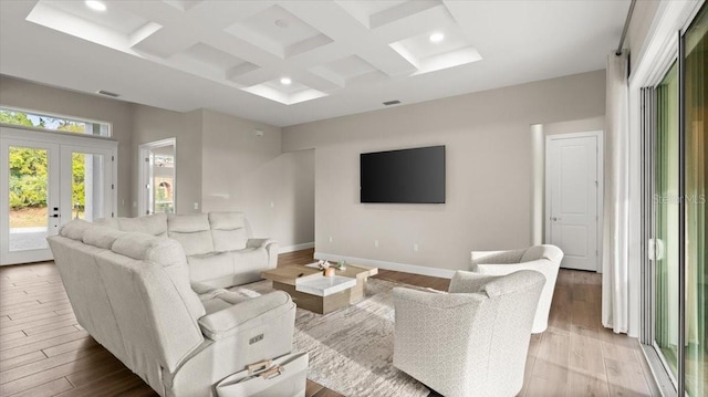 29 Old Oak Dr S, Palm Coast, FL 32137 - living room with baseboards, recessed lighting, wood finished floors, and coffered ceiling