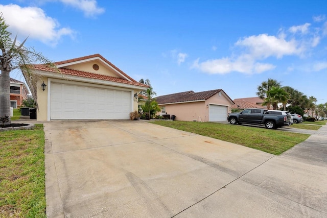 single story home featuring a tile roof, stucco siding, and a garage