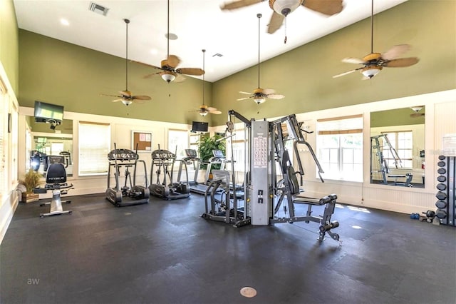 45 Riverview Bnd S Unit 1937, Palm Coast, FL 32137 - workout area featuring a ceiling fan and high vaulted ceiling
