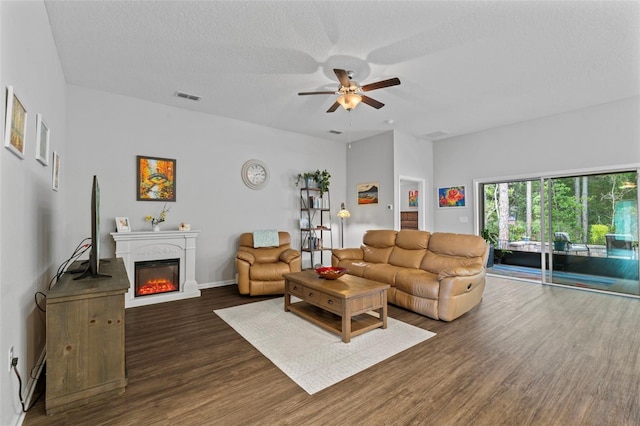 324 Palace Dr, Saint Augustine, FL 32084 - living area featuring dark wood-type flooring, a ceiling fan, and a glass covered fireplace