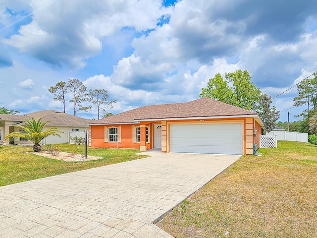 18 Wheatfield Dr, Palm Coast, FL 32164 - ranch-style home featuring an attached garage, stucco siding, and decorative driveway