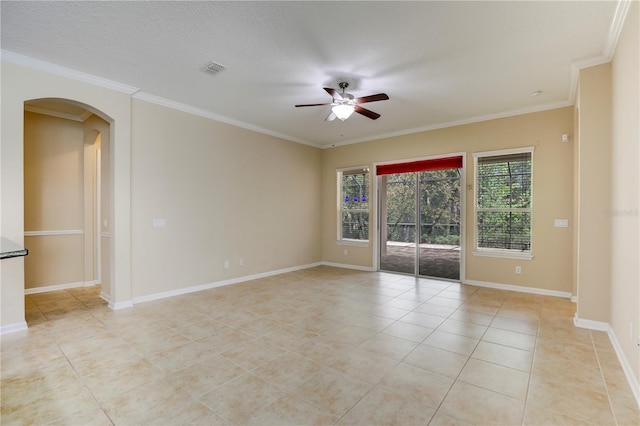 4484 Gray Hawk St, Orange Park, FL 32065 - spare room with ornamental molding, a ceiling fan, arched walkways, and visible vents