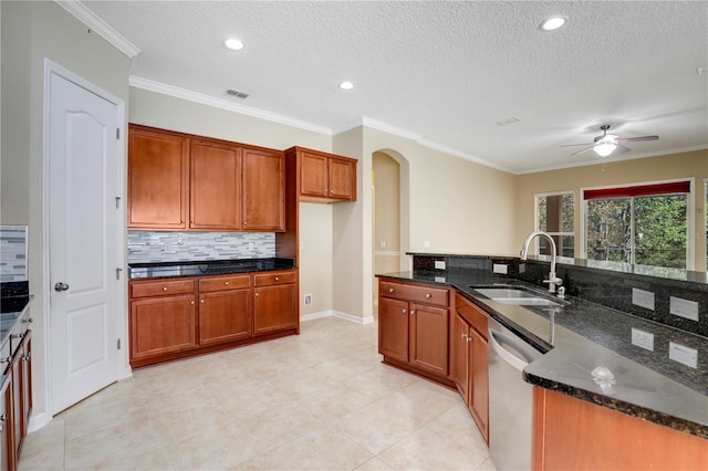 4484 Gray Hawk St, Orange Park, FL 32065 - kitchen with visible vents, ceiling fan, dark stone counters, a sink, and stainless steel dishwasher