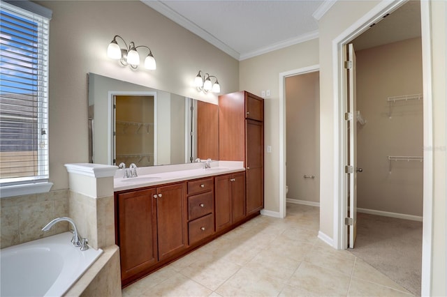 4484 Gray Hawk St, Orange Park, FL 32065 - full bathroom featuring a relaxing tiled tub, a sink, tile patterned flooring, and crown molding