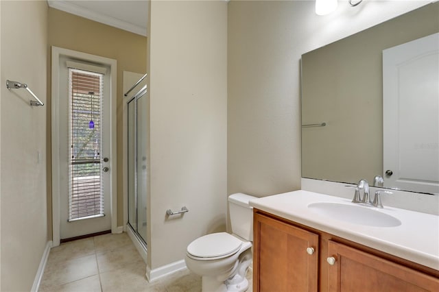 4484 Gray Hawk St, Orange Park, FL 32065 - bathroom featuring tile patterned flooring, vanity, toilet, ornamental molding, and a shower stall