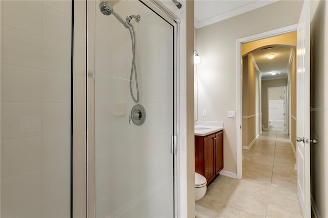 4484 Gray Hawk St, Orange Park, FL 32065 - bathroom featuring a stall shower, tile patterned floors, vanity, and ornamental molding