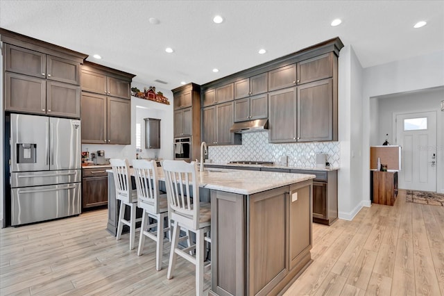 kitchen with backsplash, under cabinet range hood, light wood-style floors, and stainless steel appliances