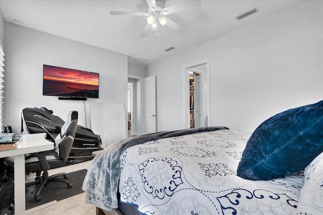 bedroom featuring carpet flooring, visible vents, and a ceiling fan