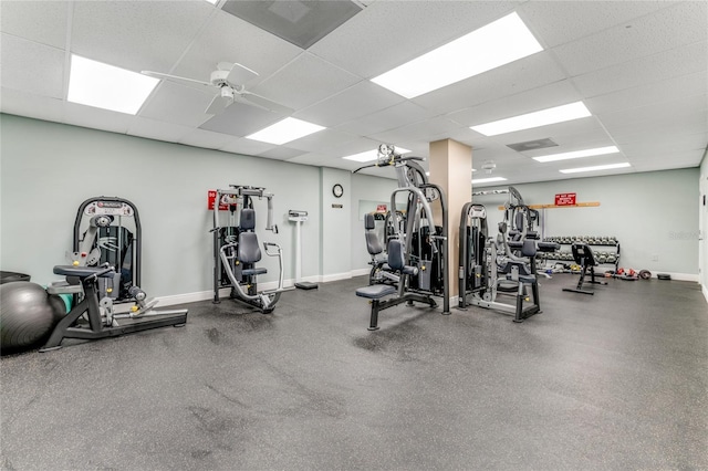 925 N Halifax Ave Unit 1105, Daytona Beach, FL 32118 - gym featuring visible vents, a ceiling fan, baseboards, and a drop ceiling