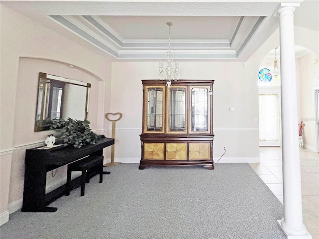 161 Frontier Dr, Palm Coast, FL 32137 - living area with ornamental molding, a raised ceiling, arched walkways, carpet floors, and tile patterned flooring