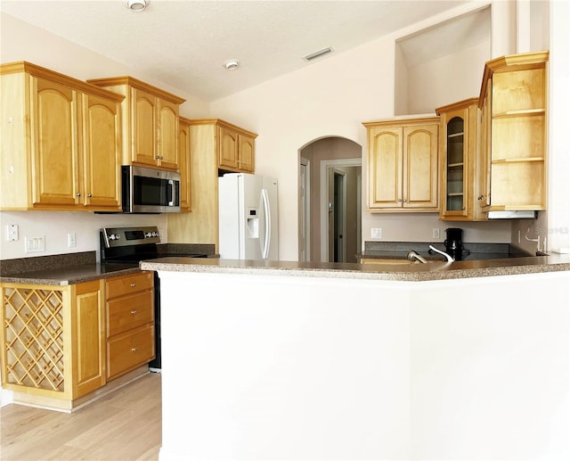 161 Frontier Dr, Palm Coast, FL 32137 - kitchen with appliances with stainless steel finishes, vaulted ceiling, light wood-type flooring, glass insert cabinets, and a peninsula