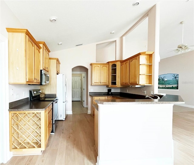 161 Frontier Dr, Palm Coast, FL 32137 - kitchen with appliances with stainless steel finishes, arched walkways, high vaulted ceiling, a peninsula, and dark countertops
