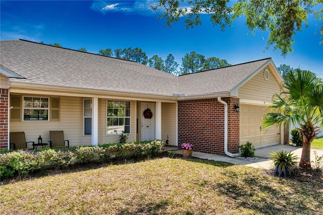 73 Royal Oak Dr, Palm Coast, FL 32164 - ranch-style home featuring driveway, a front yard, brick siding, a garage, and a shingled roof
