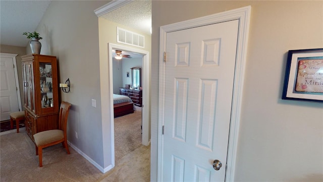 73 Royal Oak Dr, Palm Coast, FL 32164 - corridor featuring baseboards, a textured ceiling, visible vents, and light colored carpet