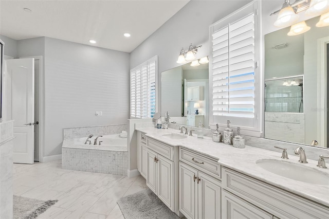 46 Ocean Ridge Blvd N, Palm Coast, FL 32137 - full bath with a bath, double vanity, a shower with shower door, and marble look tiles