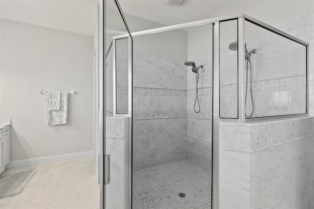 46 Ocean Ridge Blvd N, Palm Coast, FL 32137 - full bathroom with a stall shower, vanity, marble look tile flooring, and baseboards