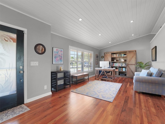 living area with ornamental molding, wood ceiling, and hardwood / wood-style flooring