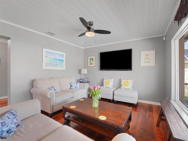 living room with visible vents, ornamental molding, wood finished floors, ceiling fan, and wooden ceiling