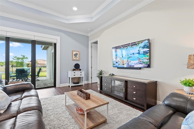 7 Menorca Way, Palm Coast, FL 32137 - living room featuring baseboards, ornamental molding, a raised ceiling, and dark wood-type flooring